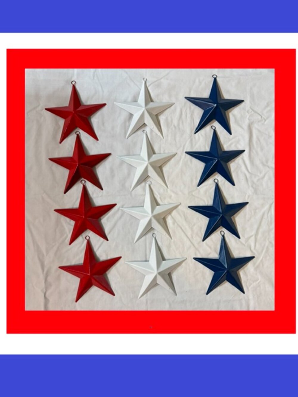 Set of Twelve (12) 4 Red 4 White 4 Blue Painted Tin Stars 6 3/4" wide 16006B
